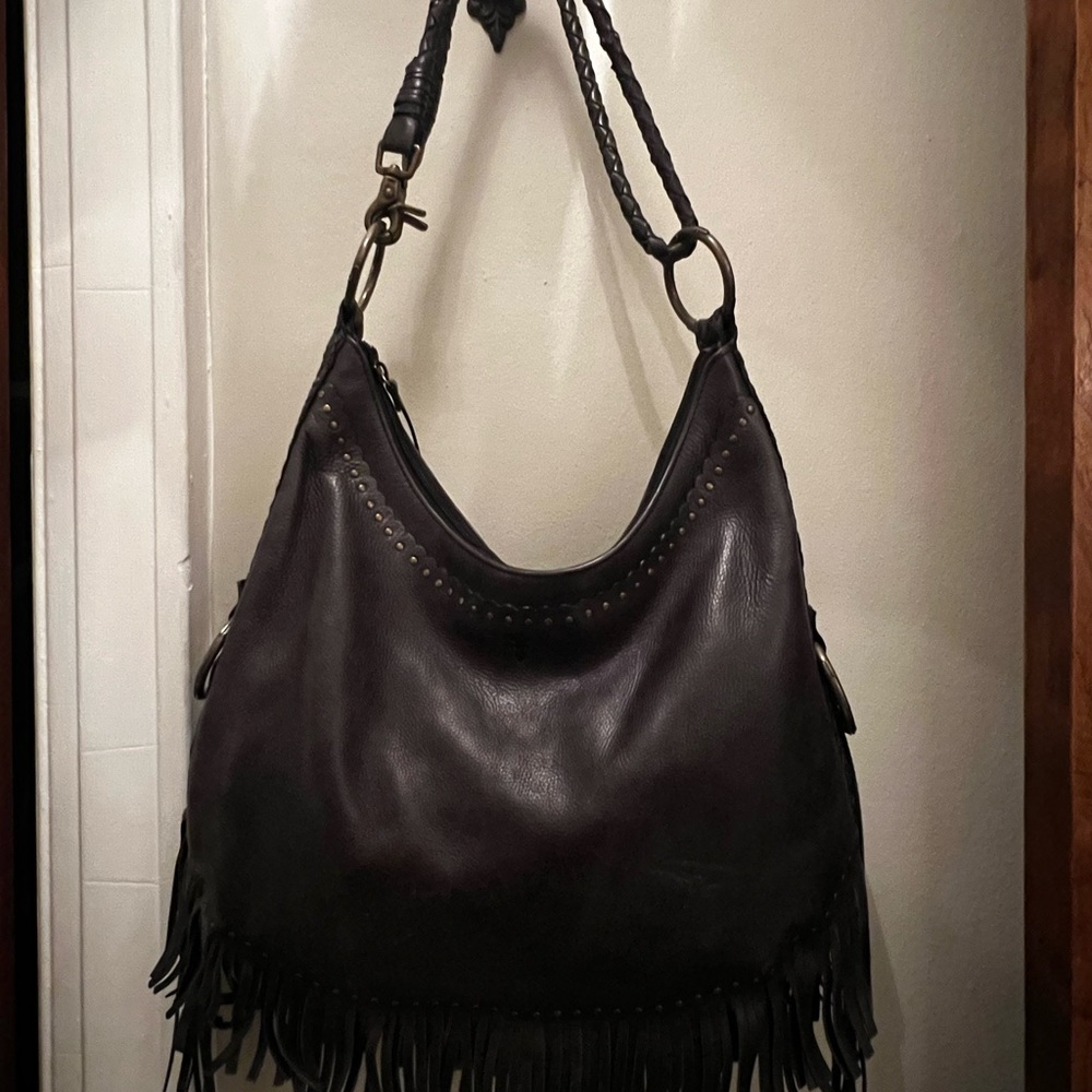 Black Leather Fringe Hobo Bag - Picture 2 of 16